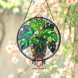 Monstera Plant Stained Glass, Round Green Leaf Window Panel, Tropical Jungle Botanical Decor, Houseplant Art Gift for Nature Lovers