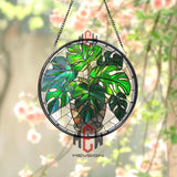 Monstera Plant Stained Glass, Round Green Leaf Window Panel, Tropical Jungle Botanical Decor, Houseplant Art Gift for Nature Lovers