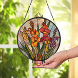 Gladiolus Flower Stained Glass Suncatcher, Round Colorful Floral Window Panel, Spring Garden Bloom Art, Botanical Decor for Flower Lovers