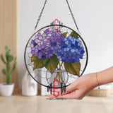 Hydrangea Bouquet Stained Glass Suncatcher, Round Pastel Floral Window Panel, Blue and Purple Flower Decor for Garden Lovers