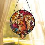 Squirrel and Autumn Leaves Stained Glass Suncatcher, Round Woodland Animal Window Panel, Fall Nature Decor for Rustic Homes