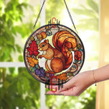 Squirrel and Autumn Leaves Stained Glass Suncatcher, Round Woodland Animal Window Panel, Fall Nature Decor for Rustic Homes