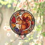 Squirrel and Autumn Leaves Stained Glass Suncatcher, Round Woodland Animal Window Panel, Fall Nature Decor for Rustic Homes