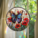 Butterfly & Red Poppy Suncatcher: Floral Stained Glass Window Decor