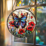 Butterfly & Red Poppy Suncatcher: Floral Stained Glass Window Decor