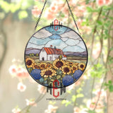 Sunflower Farm Stained Glass Suncatcher, Round Country Window Panel, Rustic Barn Scene Decor, Floral Summer Landscape Hanging Art