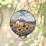 Sunflower Farm Stained Glass Suncatcher, Round Country Window Panel, Rustic Barn Scene Decor, Floral Summer Landscape Hanging Art