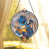 Blue Baby Dragon Reading Stained Glass Suncatcher, Round Fantasy Window Panel, Whimsical Bookish Decor Gift for Kids & Dragon Lovers