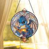 Blue Baby Dragon Reading Stained Glass Suncatcher, Round Fantasy Window Panel, Whimsical Bookish Decor Gift for Kids & Dragon Lovers