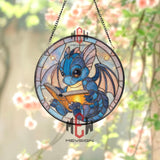 Blue Baby Dragon Reading Stained Glass Suncatcher, Round Fantasy Window Panel, Whimsical Bookish Decor Gift for Kids & Dragon Lovers