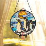 Penguin Family Stained Glass Suncatcher, Oval Ocean Wildlife Window Panel, Antarctic Animal Decor for Nature & Bird Lovers