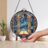 Celestial Library Stained Glass Suncatcher, Starry Book Window Panel, Fantasy Galaxy Decor for Book Lovers, Moon and Stars Reading Gift