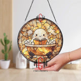 Cute Ghost in Bathtub Stained Glass Suncatcher, Kawaii Reading Spirit Round Panel, Whimsical Halloween Decor for Spooky Book Lovers