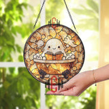 Cute Ghost in Bathtub Stained Glass Suncatcher, Kawaii Reading Spirit Round Panel, Whimsical Halloween Decor for Spooky Book Lovers