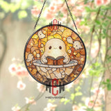 Cute Ghost in Bathtub Stained Glass Suncatcher, Kawaii Reading Spirit Round Panel, Whimsical Halloween Decor for Spooky Book Lovers