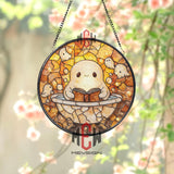 Cute Ghost in Bathtub Stained Glass Suncatcher, Kawaii Reading Spirit Round Panel, Whimsical Halloween Decor for Spooky Book Lovers