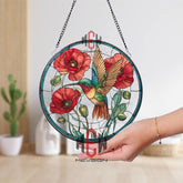 Hummingbird and Poppy Stained Glass Suncatcher, Colorful Bird and Floral Window Panel, Garden Nature Decor, Gift for Bird Lovers