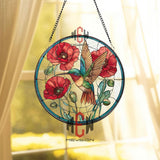 Hummingbird and Poppy Stained Glass Suncatcher, Colorful Bird and Floral Window Panel, Garden Nature Decor, Gift for Bird Lovers