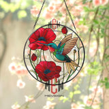 Hummingbird and Poppy Stained Glass Suncatcher, Colorful Bird and Floral Window Panel, Garden Nature Decor, Gift for Bird Lovers