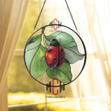 Ladybug Stained Glass Suncatcher, Red and Green Insect Window Panel, Nature Garden Decor, Lucky Bug Gift for Spring and Summer