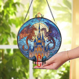 Dragon Castle Stained Glass Suncatcher, Fantasy Window Panel with Moon and Gothic Spires, Medieval Decor, Gift for Fantasy Lovers
