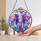 Elephant and Butterfly Stained Glass Suncatcher, Purple Jungle Animal Window Panel, Boho Wildlife Decor, Vibrant Nature Gift Idea