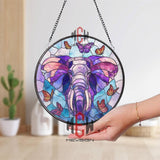 Elephant and Butterfly Stained Glass Suncatcher, Purple Jungle Animal Window Panel, Boho Wildlife Decor, Vibrant Nature Gift Idea