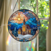 Winter Church Suncatcher: Snowy Mountain Sunset, Religious Glass Decor