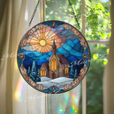 Winter Church Suncatcher: Snowy Mountain Sunset, Religious Glass Decor