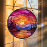 Sunset Mountain Lake Glass Suncatcher: Vibrant Landscape Window Art