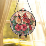 Cardinal Couple with Hibiscus Stained Glass Suncatcher, Red Bird Floral Window Panel, Romantic Garden Nature Decor for Bird Lovers