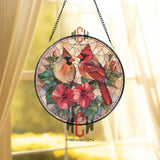 Cardinal Couple with Hibiscus Stained Glass Suncatcher, Red Bird Floral Window Panel, Romantic Garden Nature Decor for Bird Lovers