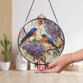 Bluebird and Lilac Stained Glass Suncatcher, Colorful Bird Window Panel, Spring Floral Round Acrylic Decor for Nature Lovers