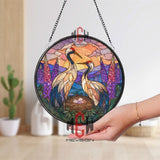 Crane Nest Sunset Stained Glass Suncatcher, Elegant Bird Panel with Eggs, Purple Floral Round Window Hanging for Nature Decor
