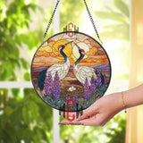 Crane Nest Sunset Stained Glass Suncatcher, Elegant Bird Panel with Eggs, Purple Floral Round Window Hanging for Nature Decor