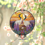 Crane Nest Sunset Stained Glass Suncatcher, Elegant Bird Panel with Eggs, Purple Floral Round Window Hanging for Nature Decor