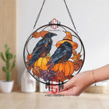 Halloween Raven Stained Glass Suncatcher, Crows on Pumpkins, Witch Hat, Fall Leaves, Gothic Decor, Autumn Window Hanging