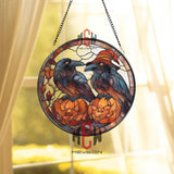 Halloween Raven Stained Glass Suncatcher, Crows on Pumpkins, Witch Hat, Fall Leaves, Gothic Decor, Autumn Window Hanging