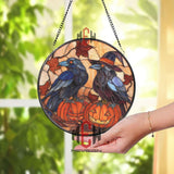 Halloween Raven Stained Glass Suncatcher, Crows on Pumpkins, Witch Hat, Fall Leaves, Gothic Decor, Autumn Window Hanging