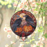 Halloween Raven Stained Glass Suncatcher, Crows on Pumpkins, Witch Hat, Fall Leaves, Gothic Decor, Autumn Window Hanging