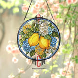 Lemon Floral Stained Glass Suncatcher, Citrus and White Rose Round Window Panel, Blue Hydrangea Kitchen Decor, Summer Fruit Gift