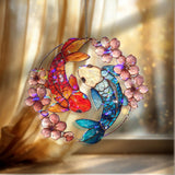 Koi Fish Yin Yang Acrylic Wavy Suncatcher, Sakura Flower Window Hanging, Zen Feng Shui Ornament for Harmony & Balance Decor
