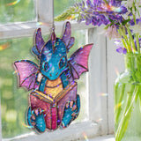 Galaxy Dragon Reading Faux Stained Glass Suncatcher, Cosmic Window Panel, Fantasy Nerd Decor, Book Lover Gift for Kids, Teens & Dreamers