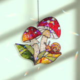 Toadstool Mushroom & Snail Faux Stained Glass Suncatcher, Whimsical Red Mushroom Window Panel, Cottagecore Nature Decor for Garden Lovers