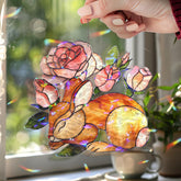 Sleeping Bunny and Roses Faux Stained Glass Suncatcher, Floral Rabbit Window Panel, Cottagecore Spring Nature Decor for Cozy Home Lovers