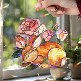 Sleeping Bunny and Roses Faux Stained Glass Suncatcher, Floral Rabbit Window Panel, Cottagecore Spring Nature Decor for Cozy Home Lovers