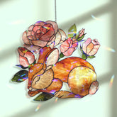 Sleeping Bunny and Roses Faux Stained Glass Suncatcher, Floral Rabbit Window Panel, Cottagecore Spring Nature Decor for Cozy Home Lovers