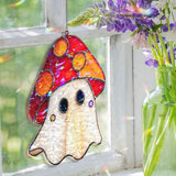 Mushroom Ghost Acrylic Wavy Suncatcher Ornament, Cute Red Toadstool Spirit, Whimsical Faux Stained Glass Halloween Window Hanging Decor