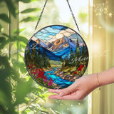 Mountain Landscape Glass Suncatcher: Alpine River Window Hanging, Cabin Decor