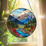 Mountain Landscape Glass Suncatcher: Alpine River Window Hanging, Cabin Decor